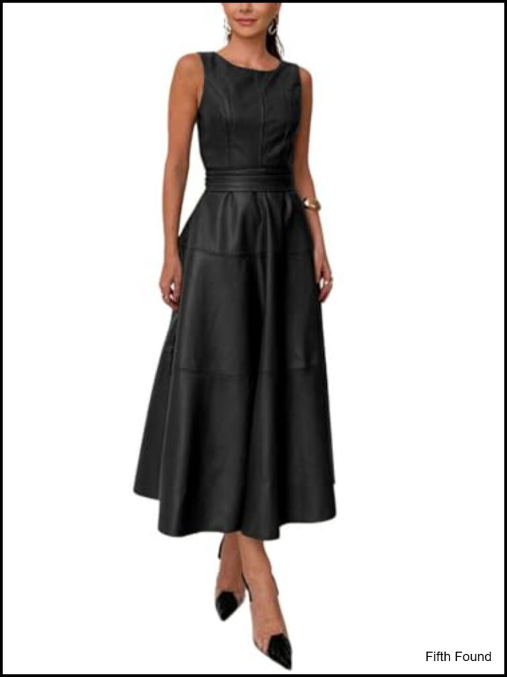 PU Faux Leather Sleeveless Long Dress with Belt Flowy Party Night Out